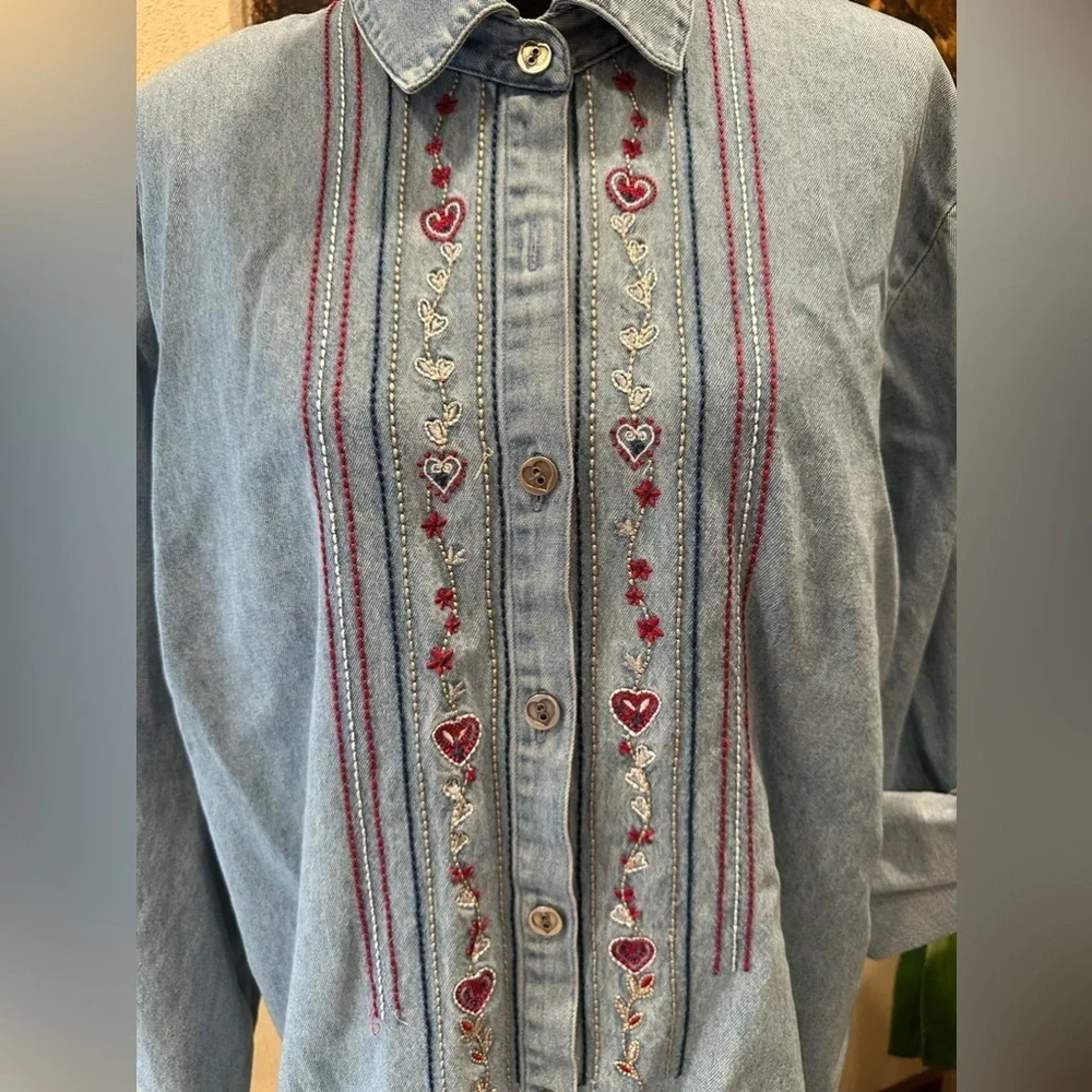 TEDDI Vintage 90s Light Blue Denim Embroidered Button Down Large - Picture 5 of 9